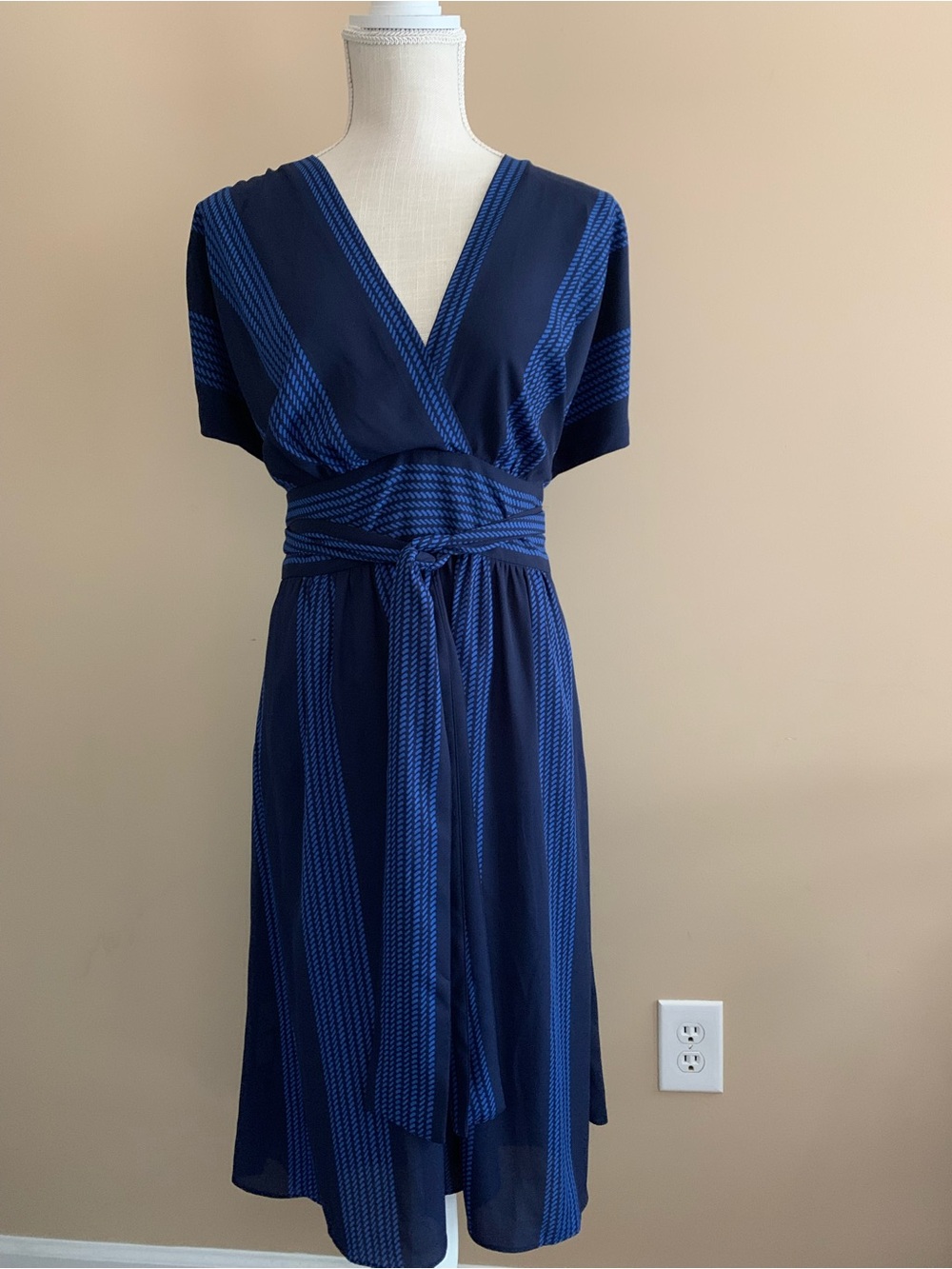 Navy and Royal Blue Wrap Midi Dress with Self-Tie Waist
